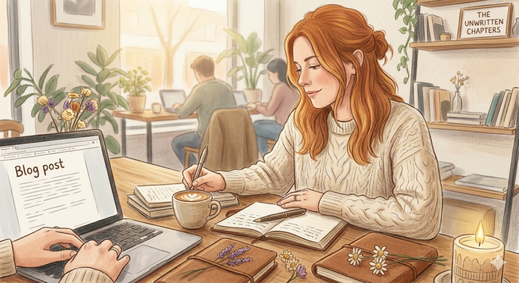 自分の物語を紡ぐためにカフェで執筆する、穏やかな時間の様子を描いたイラスト