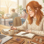 自分の物語を紡ぐためにカフェで執筆する、穏やかな時間の様子を描いたイラスト